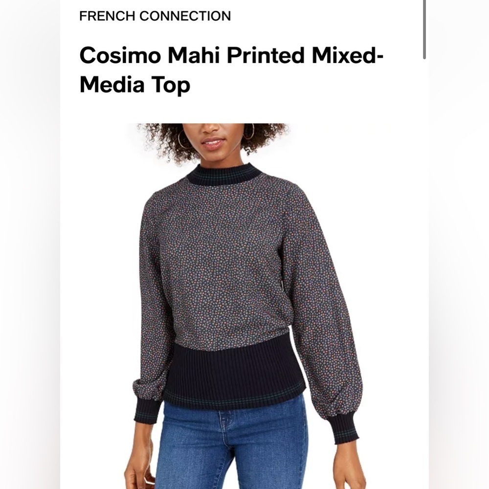 French Connection Cosimo Mahi
Printed Mixed-Media Top - Ribbed bottom -SzS EUC🍂